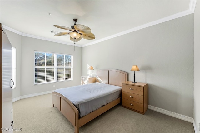 bedroom featuring light carpet, ceiling fan, and ornamental molding