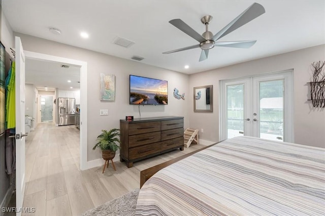 bedroom with stainless steel refrigerator with ice dispenser, ceiling fan, access to outside, french doors, and light hardwood / wood-style flooring