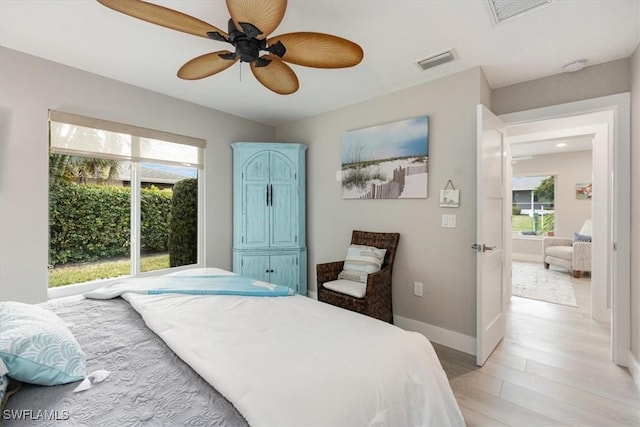 bedroom featuring ceiling fan and light hardwood / wood-style floors