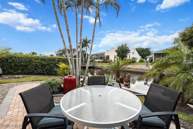 view of patio with a water view