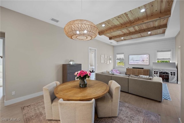 dining area with beam ceiling, wood ceiling, a notable chandelier, and light hardwood / wood-style floors