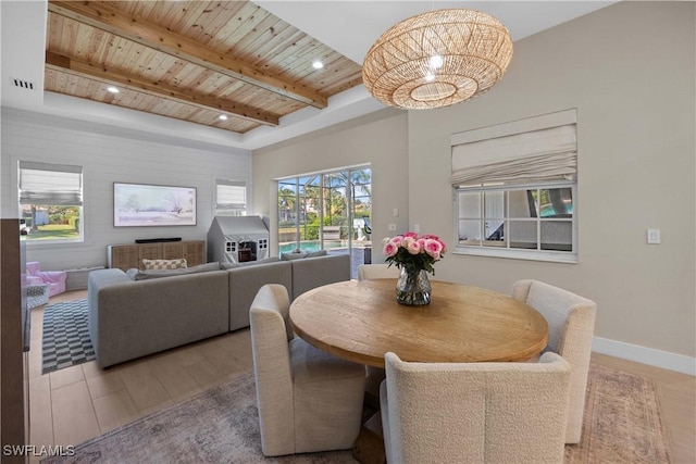 dining area featuring beam ceiling, light wood-type flooring, and wooden ceiling