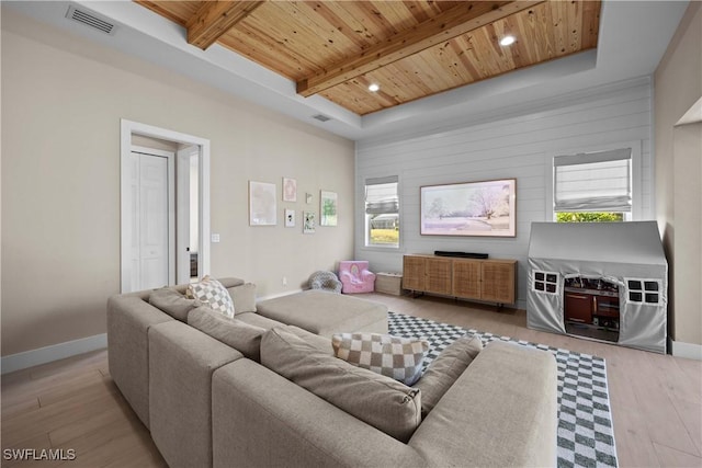 living room with beamed ceiling, wooden ceiling, and light hardwood / wood-style flooring