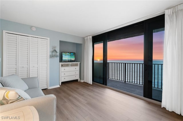 living room with baseboards, wood finished floors, and floor to ceiling windows