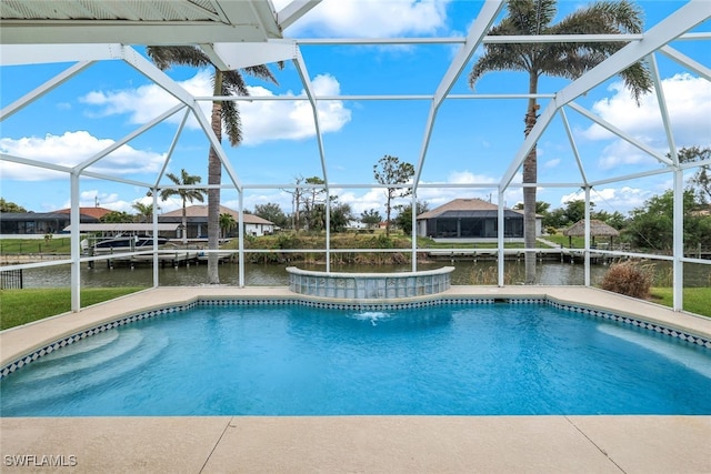 view of swimming pool featuring a water view and a lanai