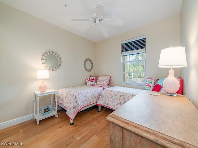 bedroom with ceiling fan and wood-type flooring