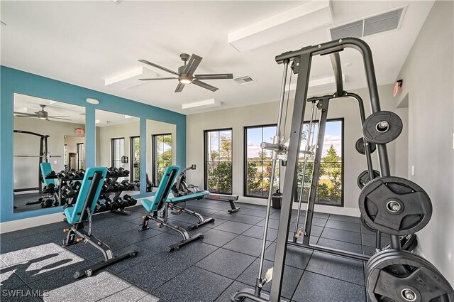 exercise room featuring ceiling fan