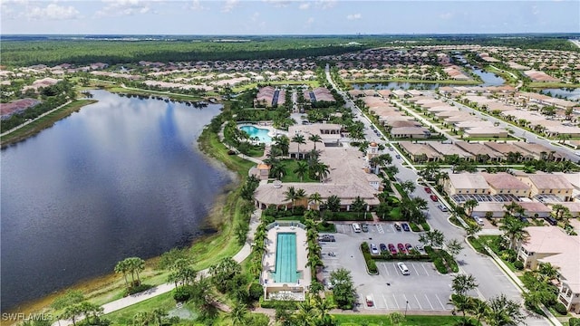 drone / aerial view with a water view