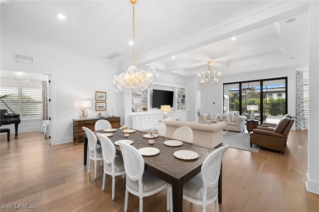 dining room with light wood-type flooring, beam ceiling, a notable chandelier, and coffered ceiling