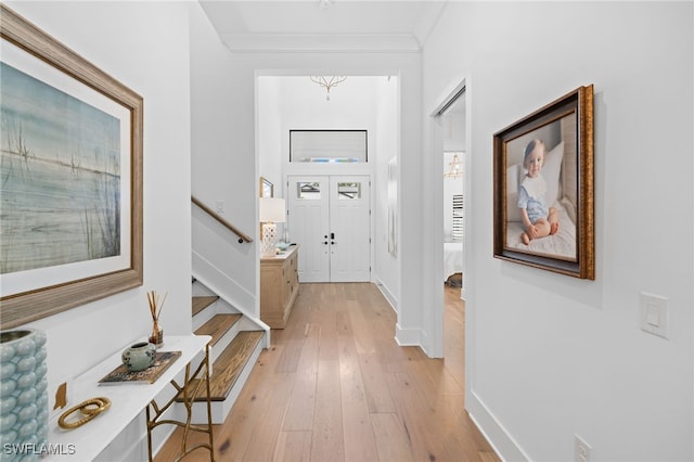 interior space featuring ornamental molding and light hardwood / wood-style flooring