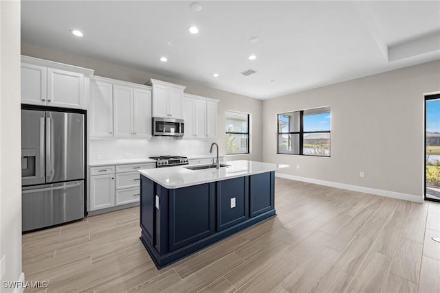 kitchen with white cabinetry, sink, an island with sink, and appliances with stainless steel finishes