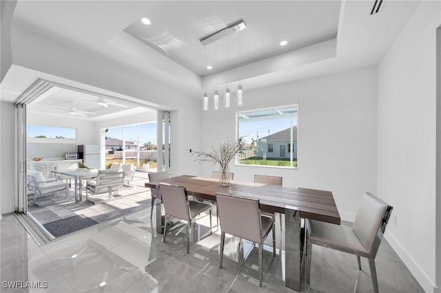 dining area with a raised ceiling