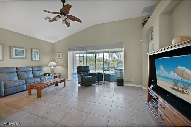 tiled living room featuring vaulted ceiling and ceiling fan