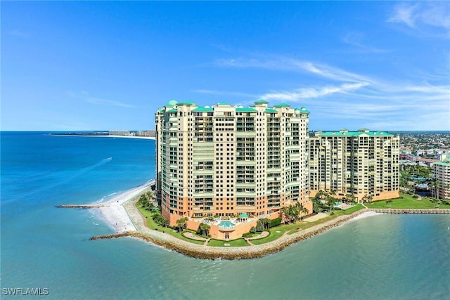 aerial view featuring a beach view and a water view