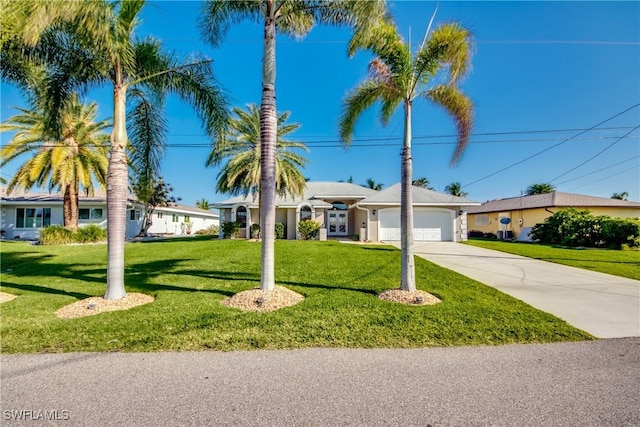 ranch-style home with a garage and a front lawn