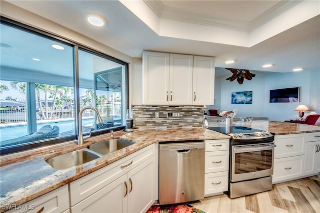 kitchen with appliances with stainless steel finishes, a tray ceiling, crown molding, sink, and white cabinetry