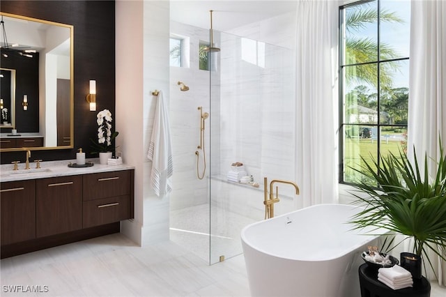 bathroom featuring a freestanding tub, plenty of natural light, a walk in shower, and vanity