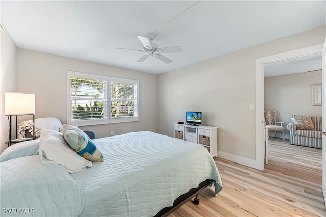 bedroom featuring ceiling fan and light hardwood / wood-style floors