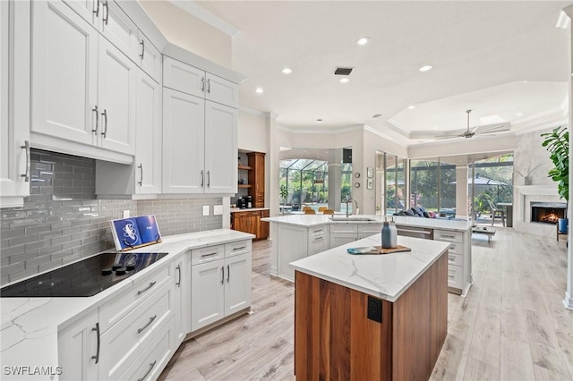 kitchen with white cabinetry, black electric stovetop, sink, and a kitchen island