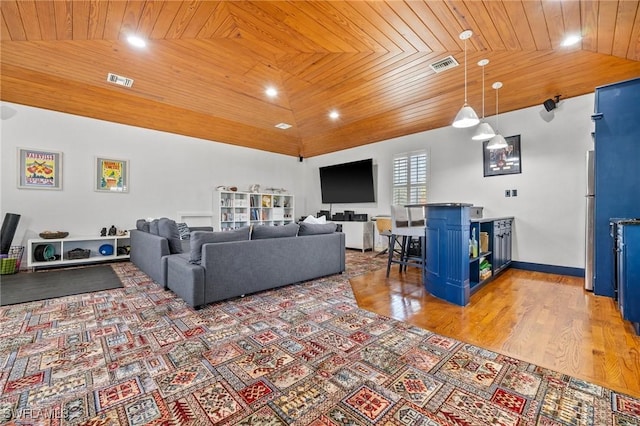 living room featuring wood ceiling, vaulted ceiling, and wood-type flooring