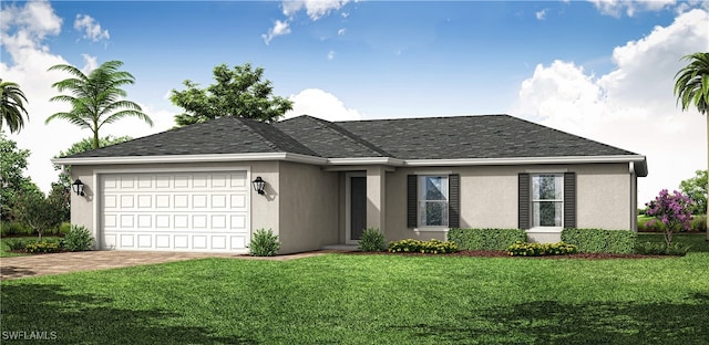 ranch-style home featuring a garage and a front yard