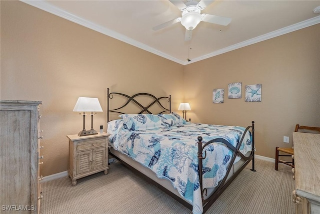 bedroom featuring light carpet, ceiling fan, and crown molding