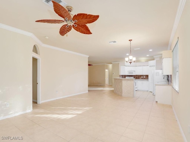 unfurnished living room featuring crown molding, ceiling fan with notable chandelier, and light tile patterned floors