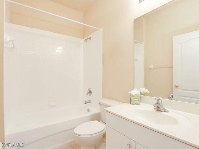 full bathroom with toilet, vanity, and shower / tub combination