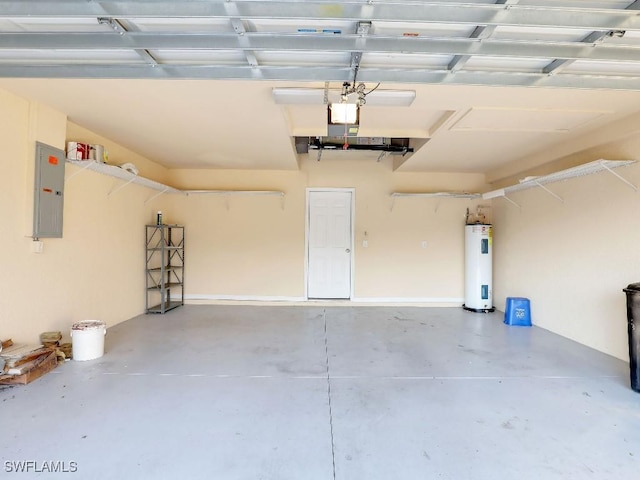 garage with water heater and electric panel