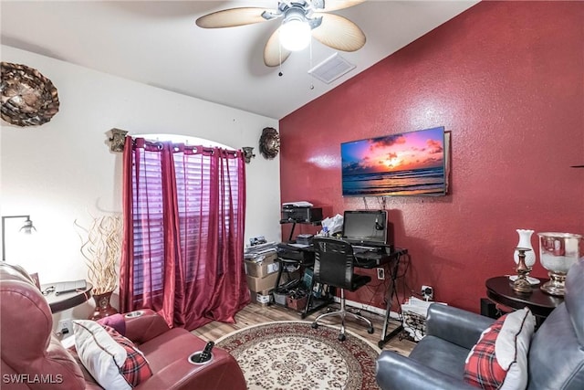 office featuring hardwood / wood-style flooring and ceiling fan