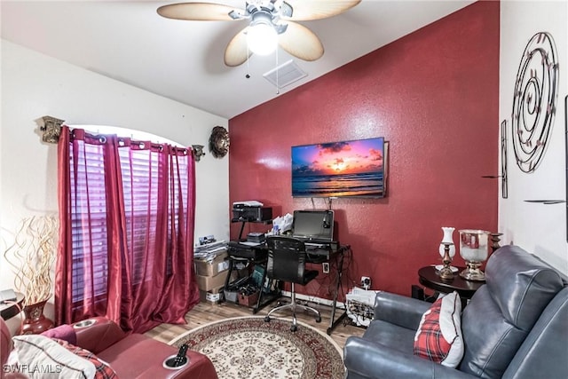 home office featuring ceiling fan and light wood-type flooring