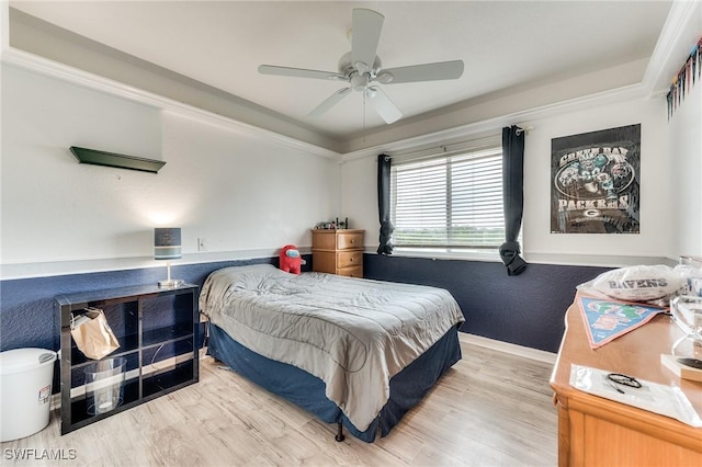 bedroom with ceiling fan and light wood-type flooring