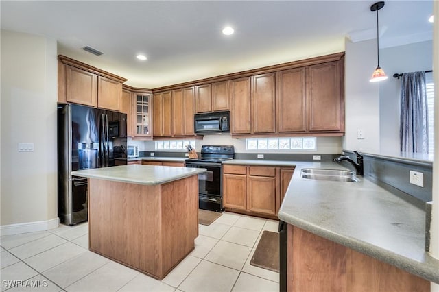 kitchen with black appliances, light tile patterned floors, glass insert cabinets, and a sink