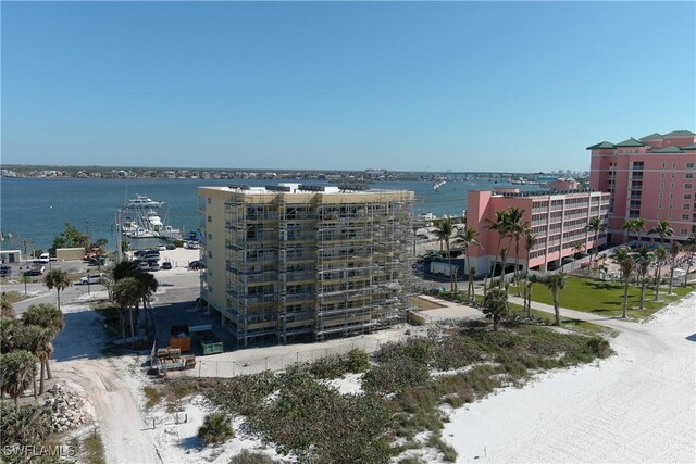 drone / aerial view with a water view