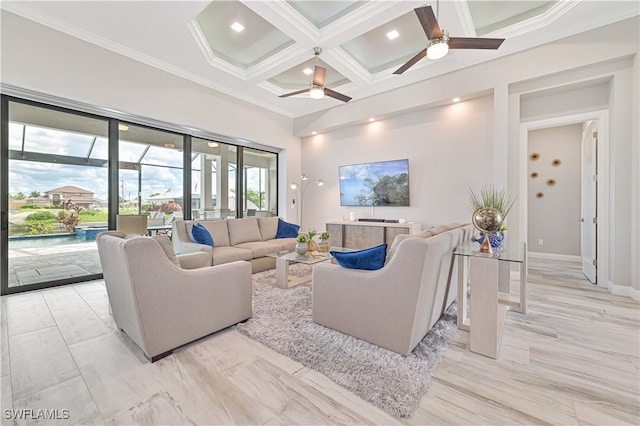 living room featuring beamed ceiling, ornamental molding, coffered ceiling, and ceiling fan