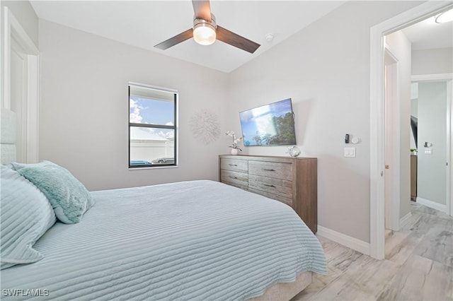 bedroom featuring light hardwood / wood-style floors and ceiling fan