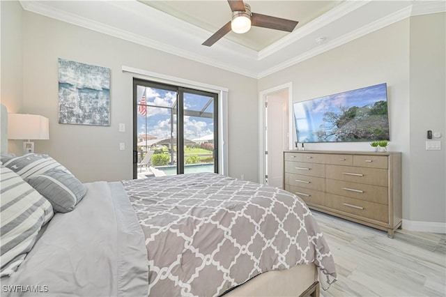 bedroom with ornamental molding, light wood-type flooring, access to exterior, and ceiling fan