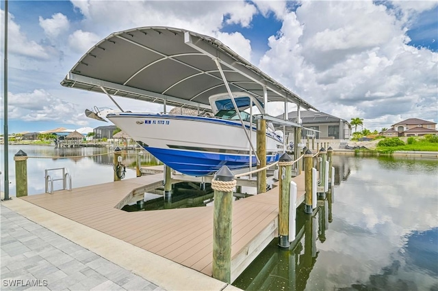 view of dock with a water view