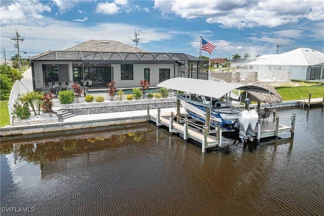 view of dock featuring a water view and glass enclosure