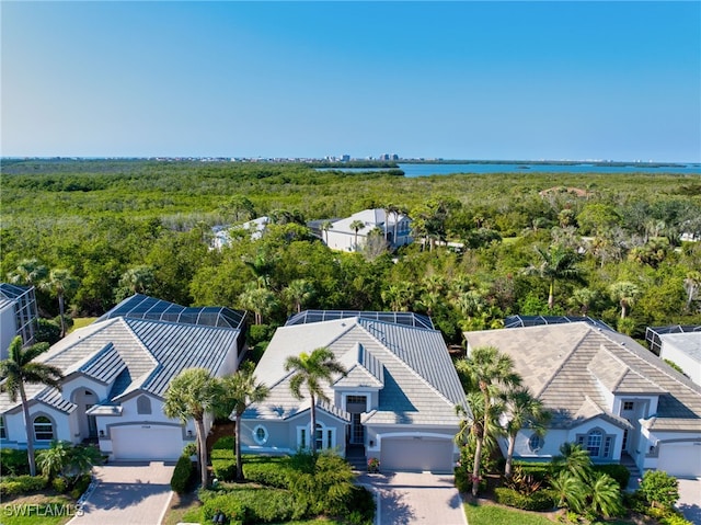 aerial view featuring a water view