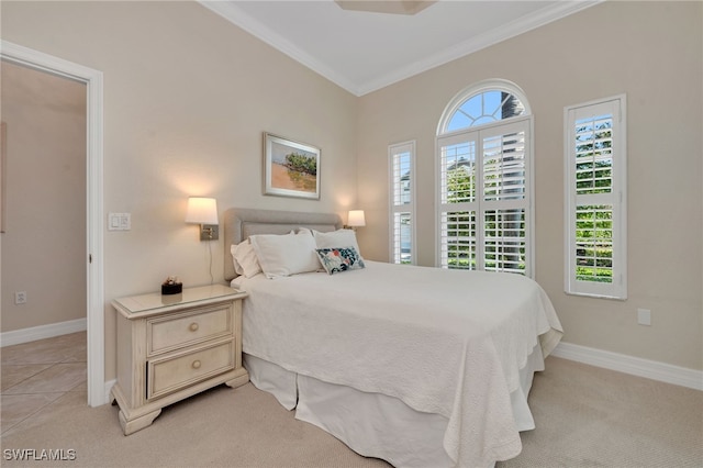 carpeted bedroom featuring ornamental molding