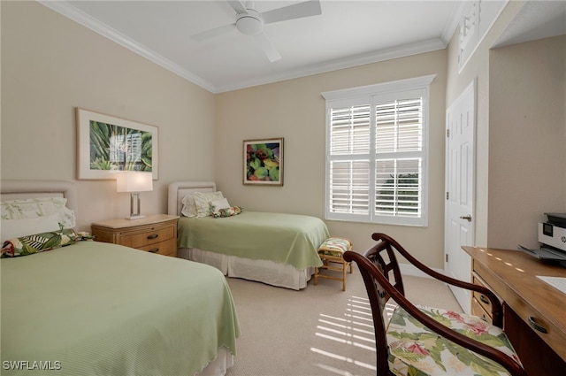 bedroom featuring light carpet, ceiling fan, and crown molding