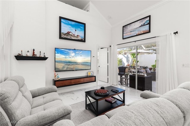 living room with crown molding and high vaulted ceiling