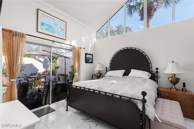 bedroom featuring multiple windows, ornamental molding, access to exterior, and high vaulted ceiling