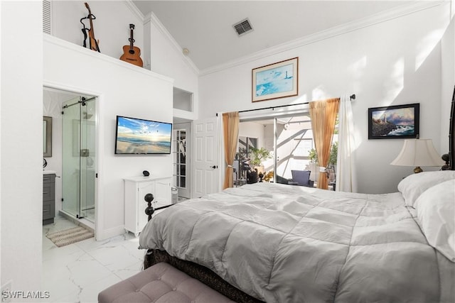 bedroom featuring crown molding, access to outside, high vaulted ceiling, and ensuite bathroom