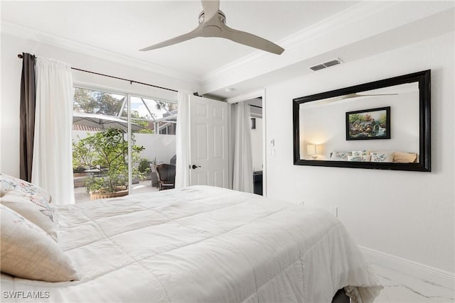 bedroom with crown molding and ceiling fan