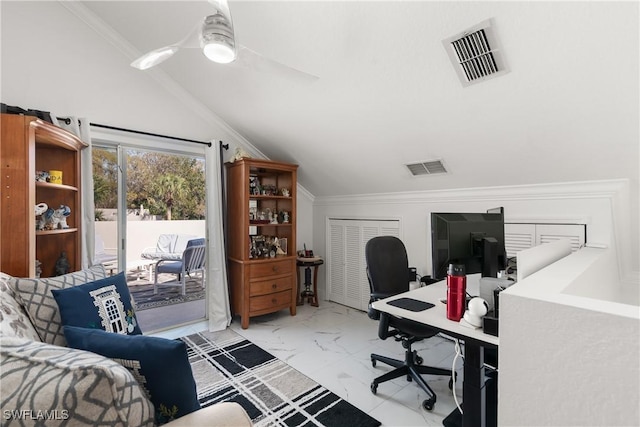 office space with vaulted ceiling, ornamental molding, and ceiling fan