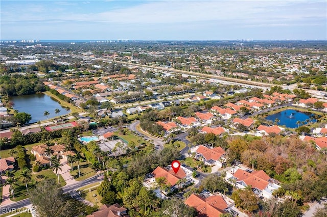 aerial view featuring a water view