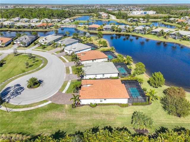 drone / aerial view featuring a water view