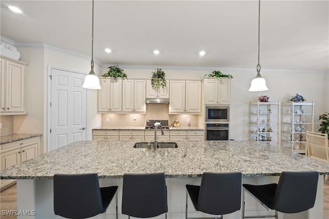 kitchen featuring built in microwave, stainless steel oven, a large island with sink, and pendant lighting